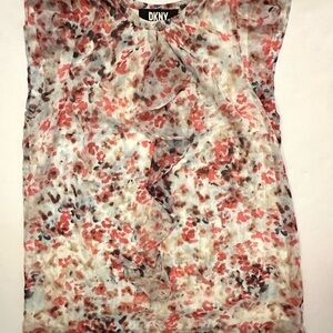 NWT DKNY Sleeveless Gathered Floral Blouse – Ivory/Sky Blue Multi Size M